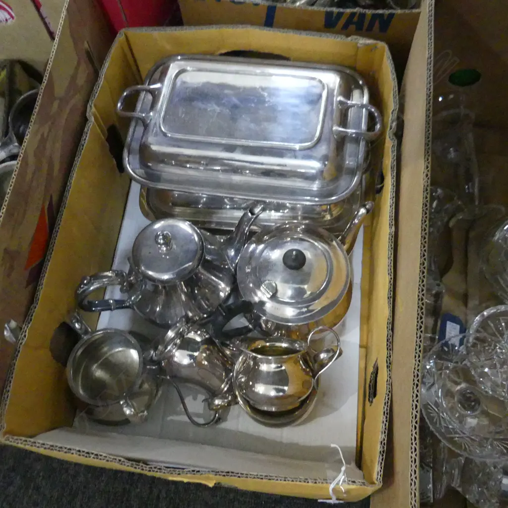 BOX LOT SILVER PLATE; 2 TUREENS & 2 TEA SETS  Image 1++