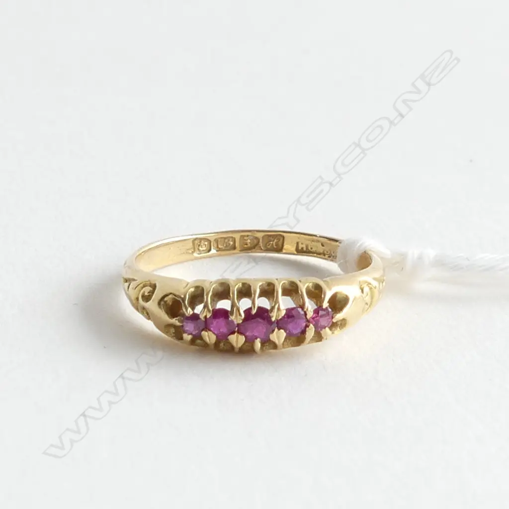 EDWARDIAN 18ct. GOLD FIVE STONE RUBY RING CHESTER 1908 1.33gm, SIZE L½ Image 1++