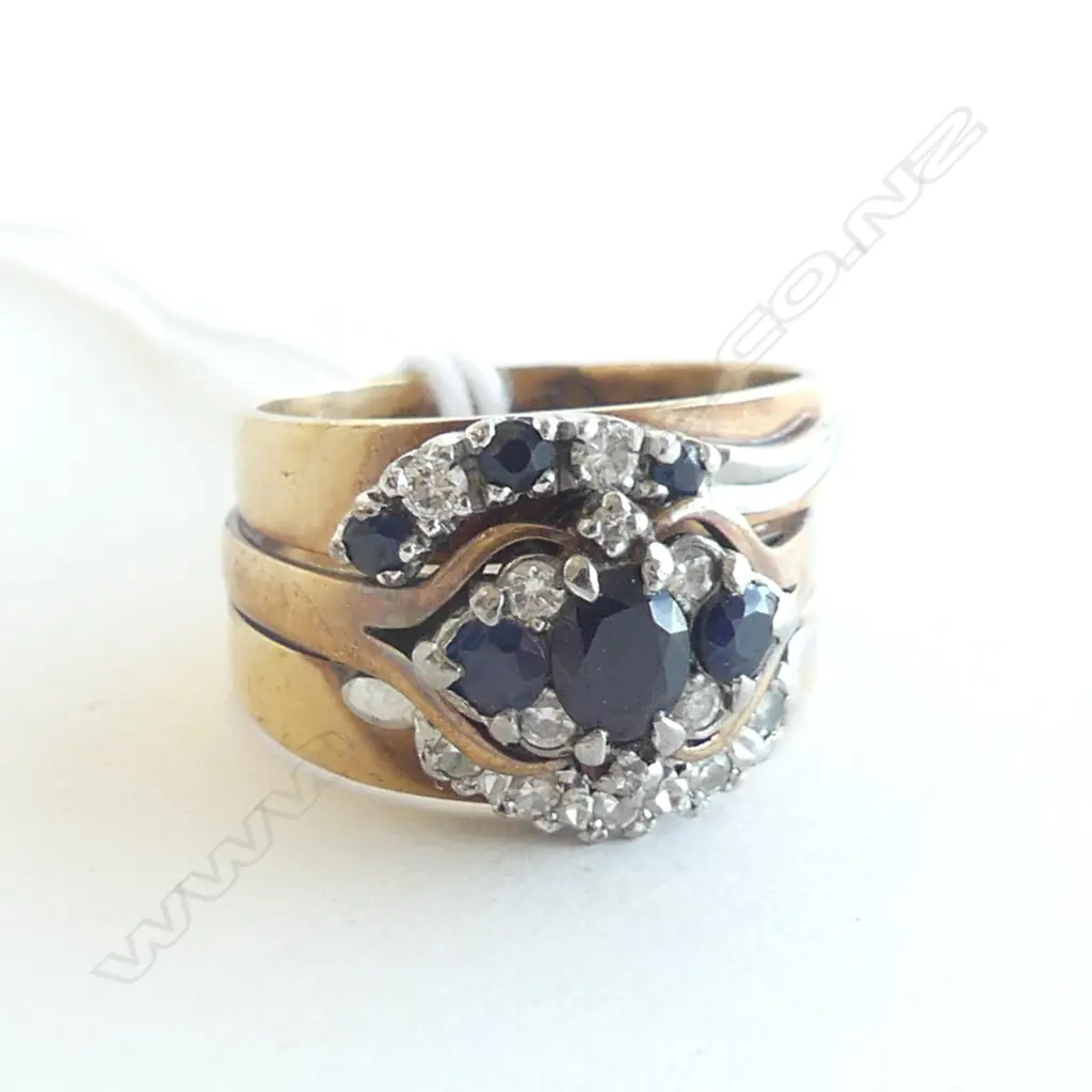 9ct Y/GOLD SAPPHIRE & DIAMOND 3 RING JOINED SET 6.46gms Image 1++