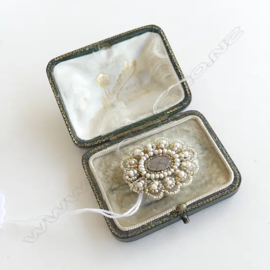 GEORGIAN NATURAL SEED PEARL MOURNING BROOCH w hair plait gold? fittings leather box
