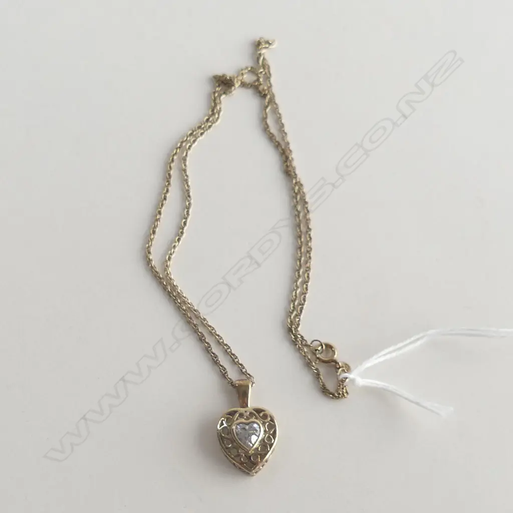 GOLD PLATED STG SILVER CHAIN & FILIGREE HEART SET WITH CZ ? STONE PENDANT Image 1++