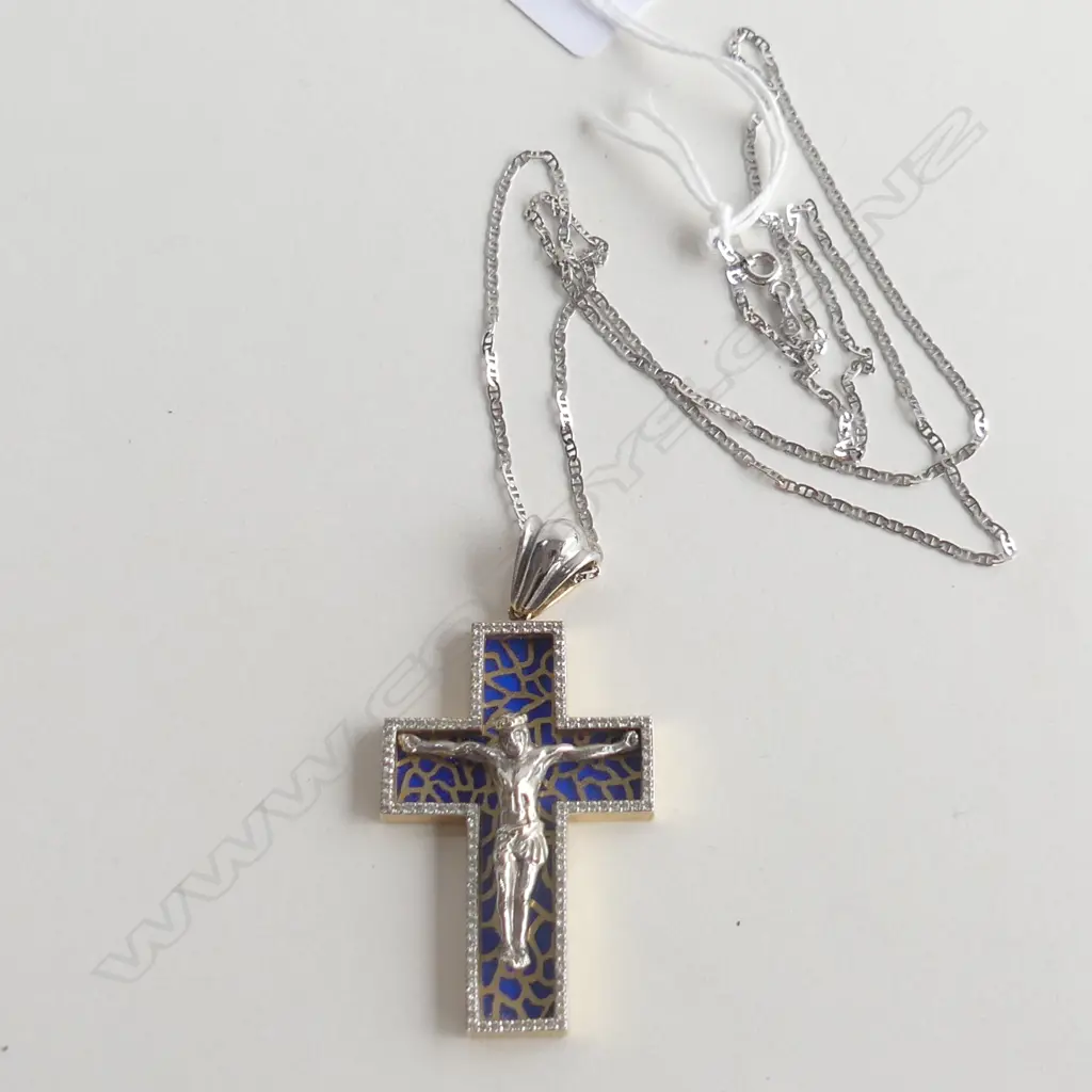 A 14k white gold and diamond crucifix on 14k gold chain, Image 1++