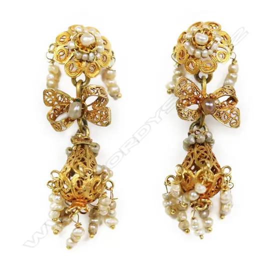 Pair 18ct yellow gold and seed pearl drop earrings,