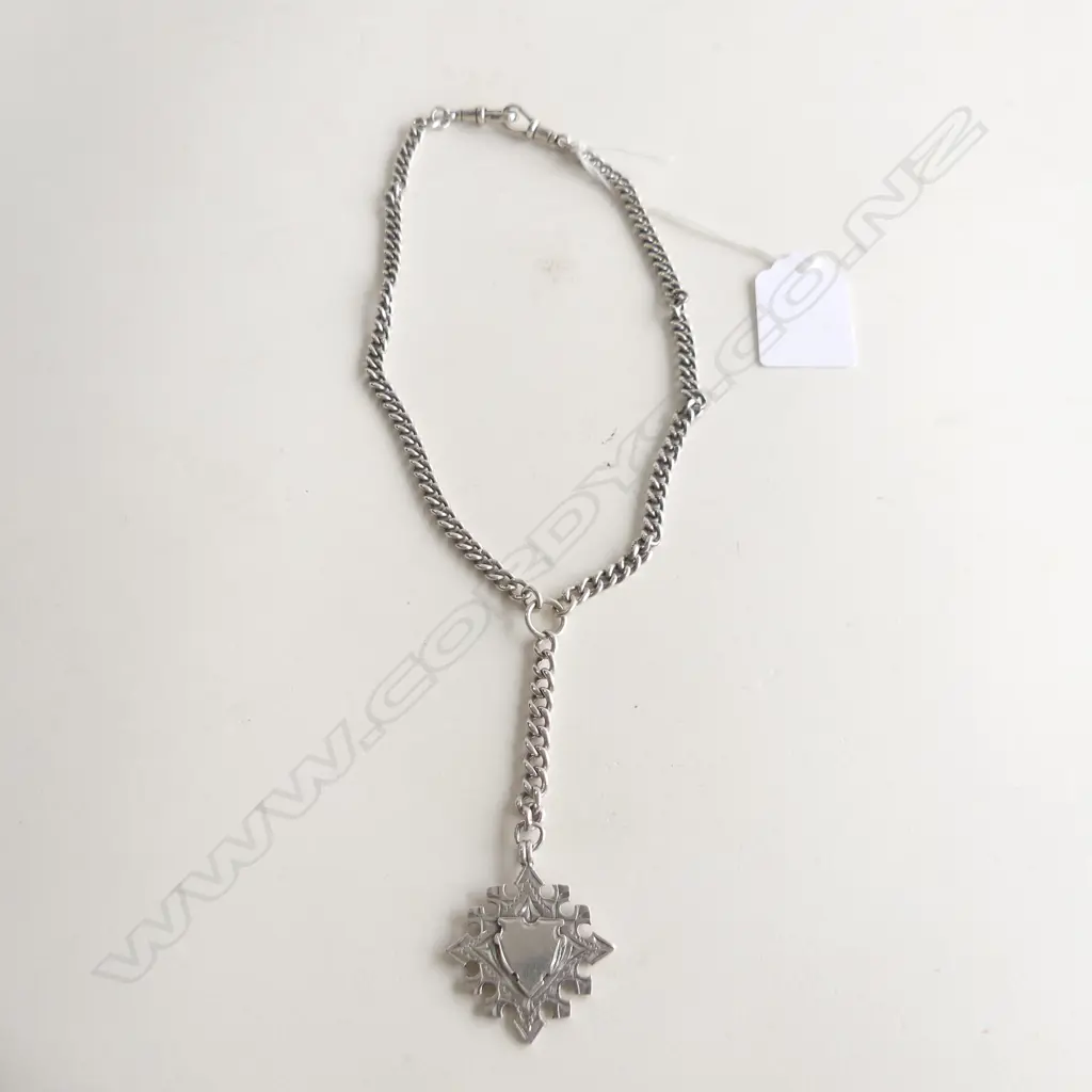HEAVY EDWARDIAN STG SILVER FOB CHAIN & MEDAL 37.8 GRAMS Image 1++