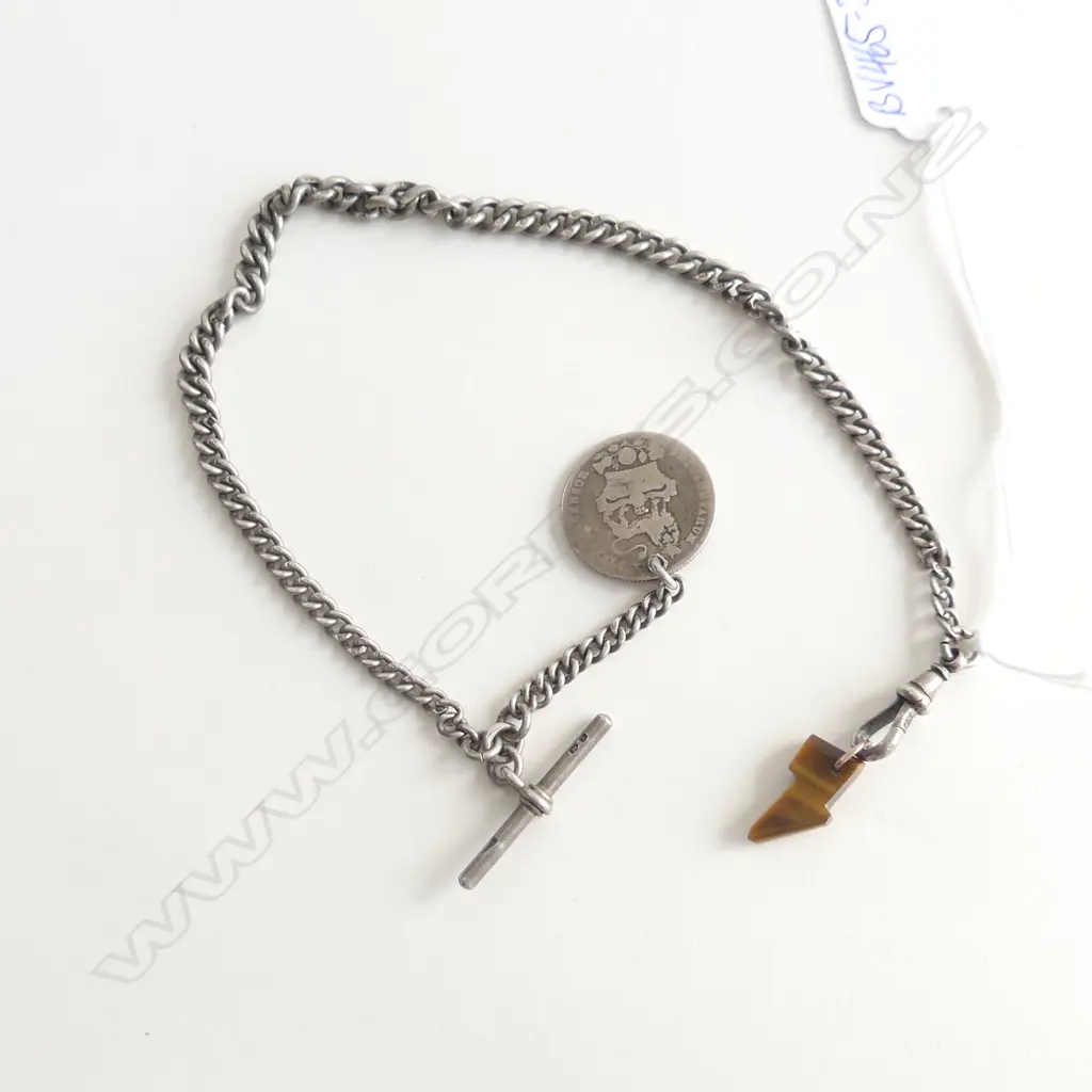 ANTIQUE FOB CHAIN GRADUATED CURB LINK W COIN L.300mm Image 1++