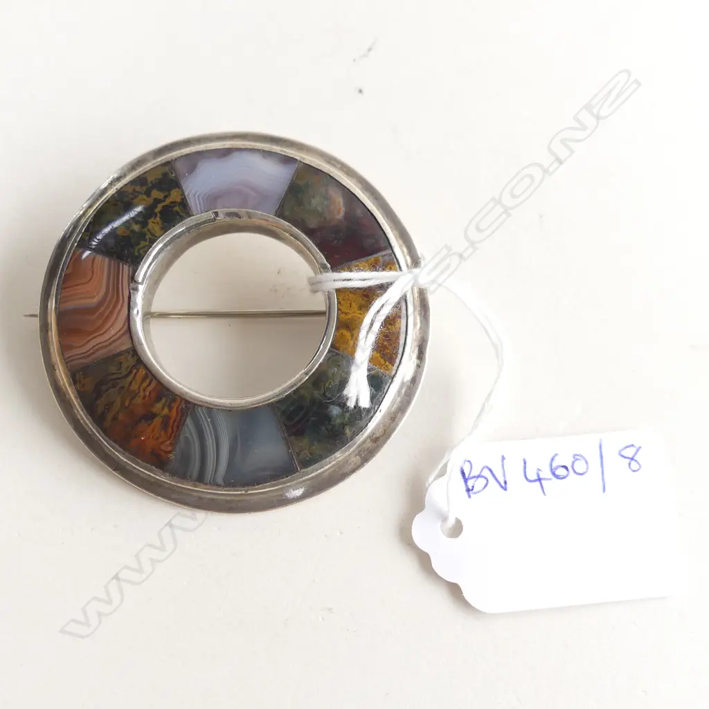 LG CIRCULAR SCOTTISH SILVER & AGATE BROOCH DIA 55MM Image 1++