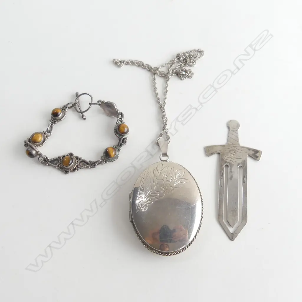 BAG STG SILVER  LOCKET & STG SILVER BILL FOLD & TIGERS EYE BRACELET Image 1++