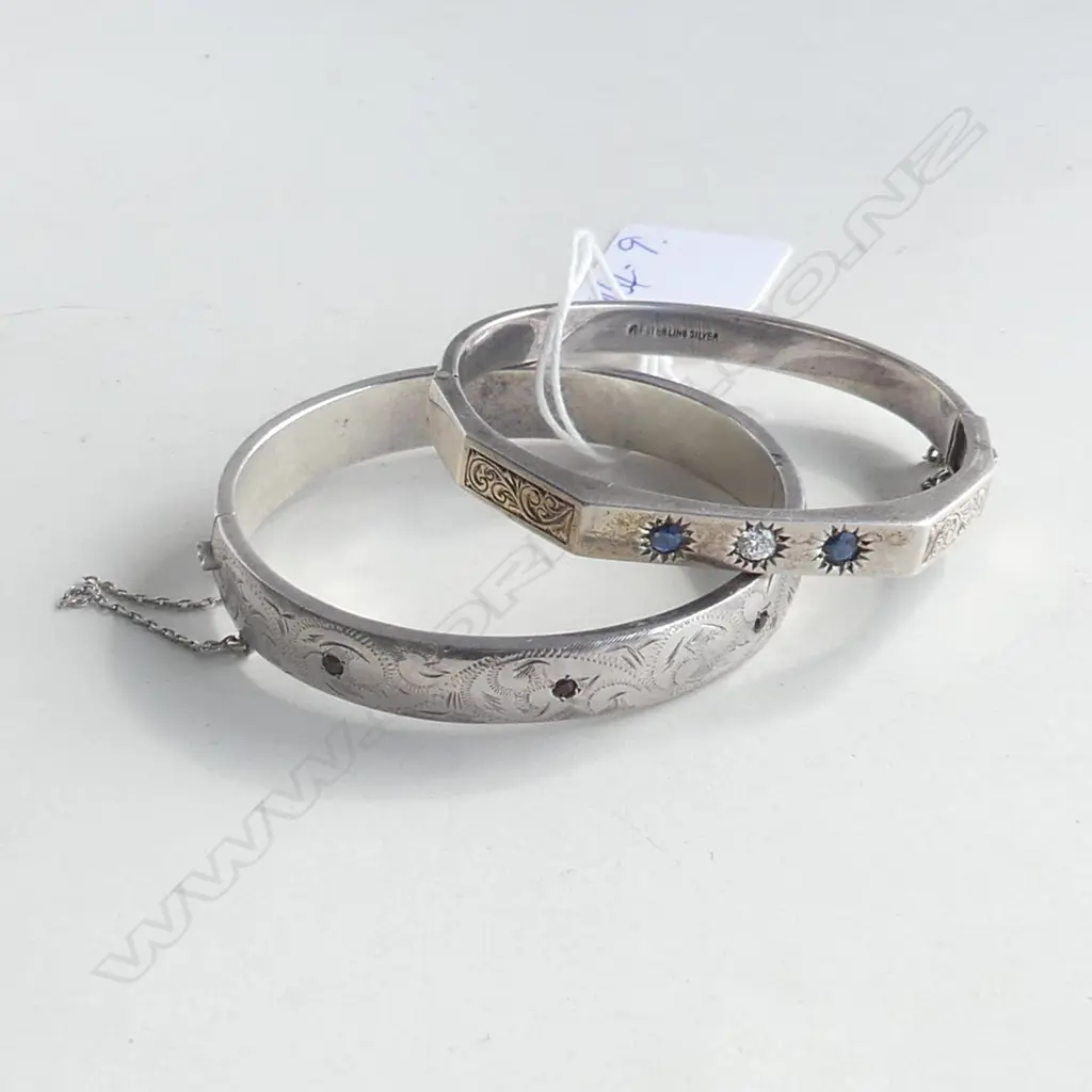 (0358) 2 SILVER ENGRAVED GEM SET HALF HINGED BANGLES Image 1++