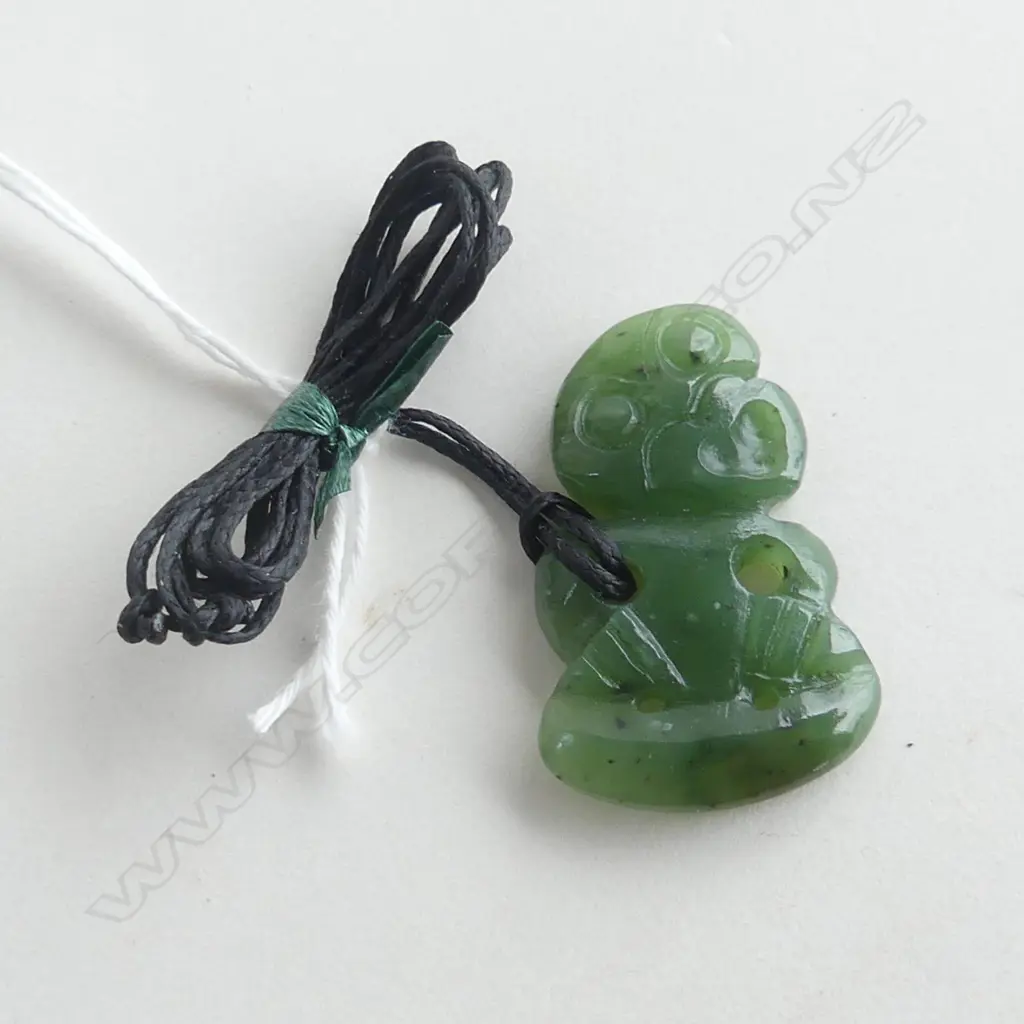 NZ POUNAMU (GREENSTONE)  TIKI PENDANT (L35MM) ON BLACK WAXED ADJUSTABLE CORD Image 1++