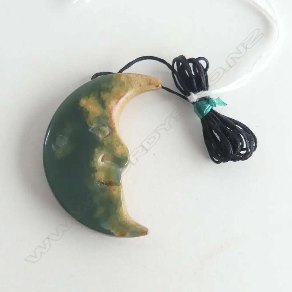 NZ POUNAMU (GREENSTONE) CRESCENT MOON SHAPE PENDANT (L50MM) ON BLACK WAXED ADJUSTABLE CORD Image 1++