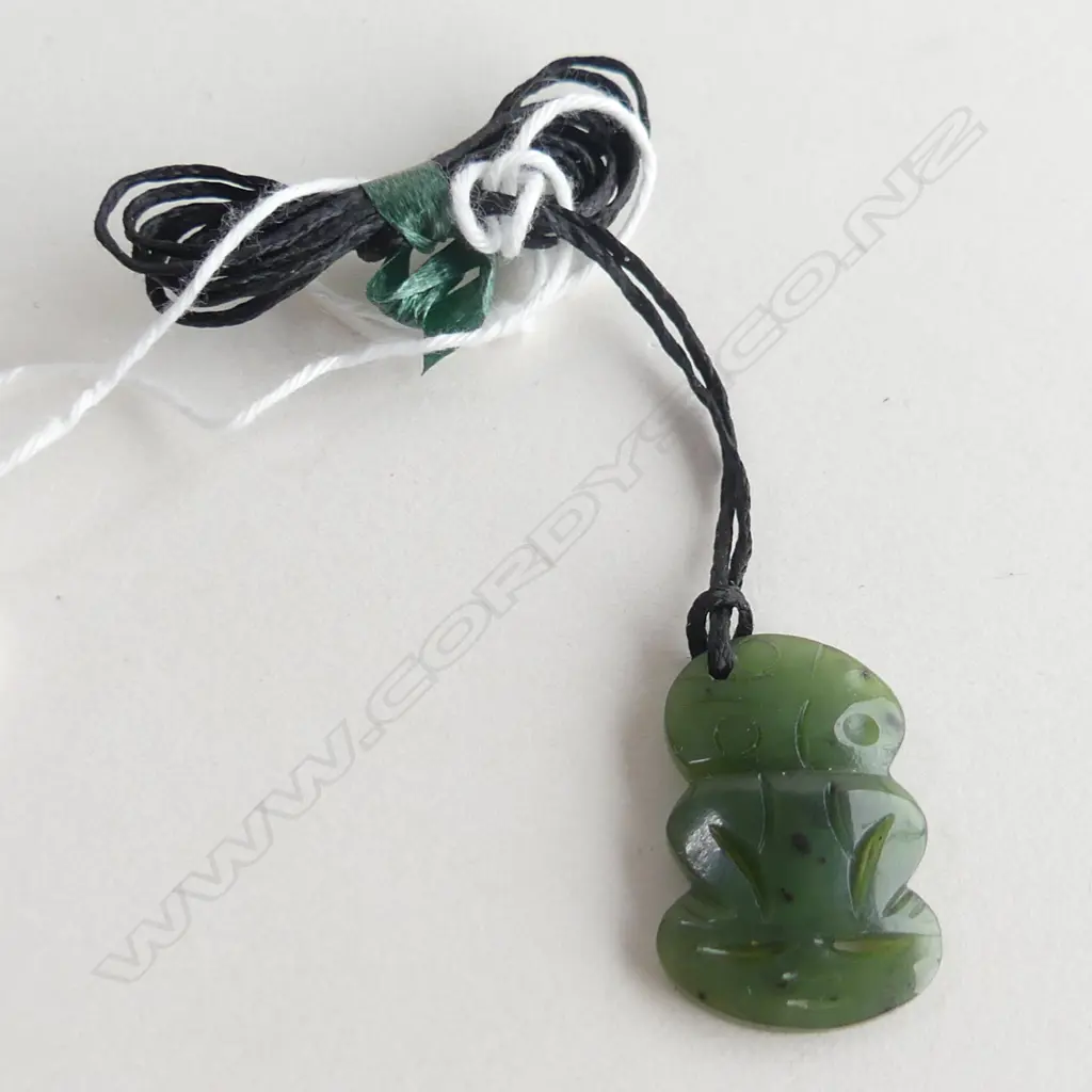 NZ POUNAMU (GREENSTONE) CHILDS TIKI PENDANT (L25MM) ON BLACK WAXED ADJUSTABLE CORD Image 1++