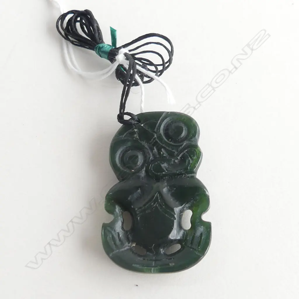 NZ POUNAMU (GREENSTONE) TIKI PENDANT (L48MM) ON BLACK WAXED ADJUSTABLE CORD Image 1++