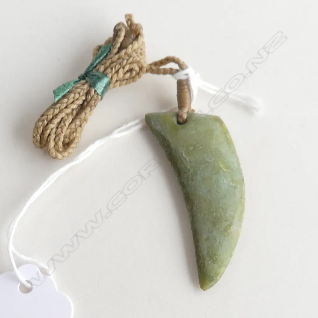 NZ POUNAMU (GREENSTONE) WHALE TOOTH PENDANT (L50mm) ON TAN WAXED ADJUSTABLE CORD Image 1++