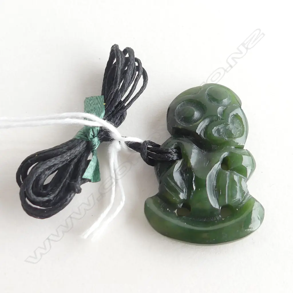 NZ POUNAMU (GREENSTONE) WELL CARVED TIKI PENDANT (L40MM) ON BLACK WAXED ADJUSTABLE CORD Image 1++