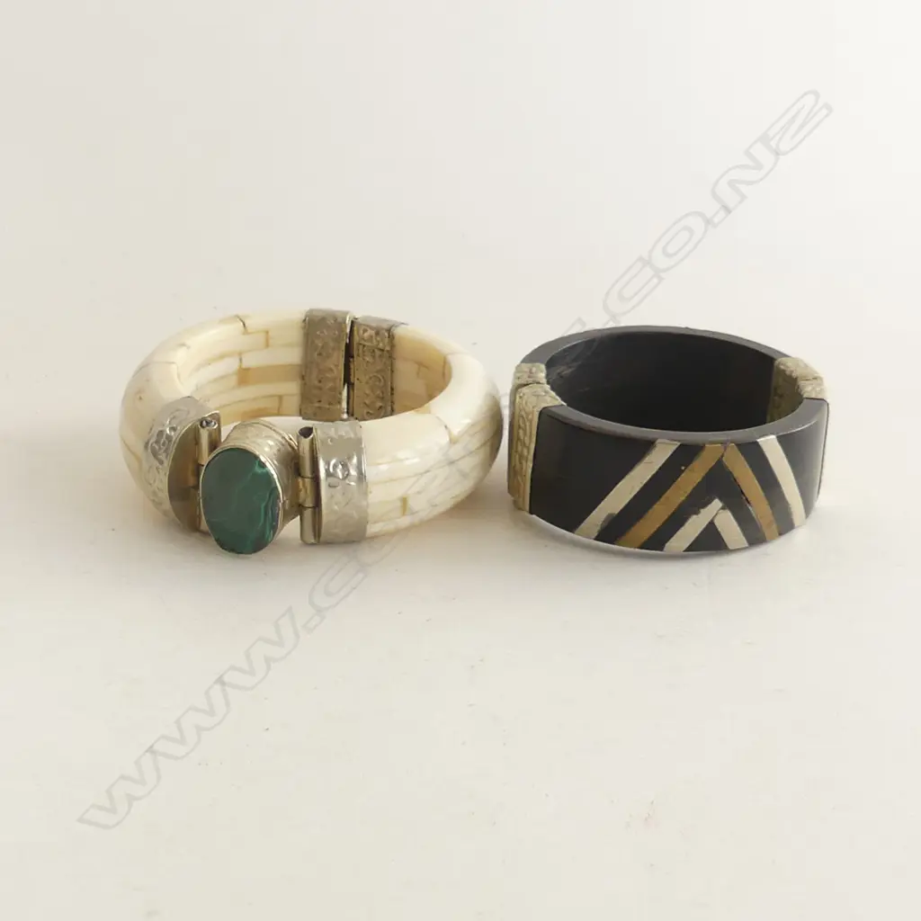 2 HINGED BANGLES; BONE & EBONY 60mm int. dia Image 1++