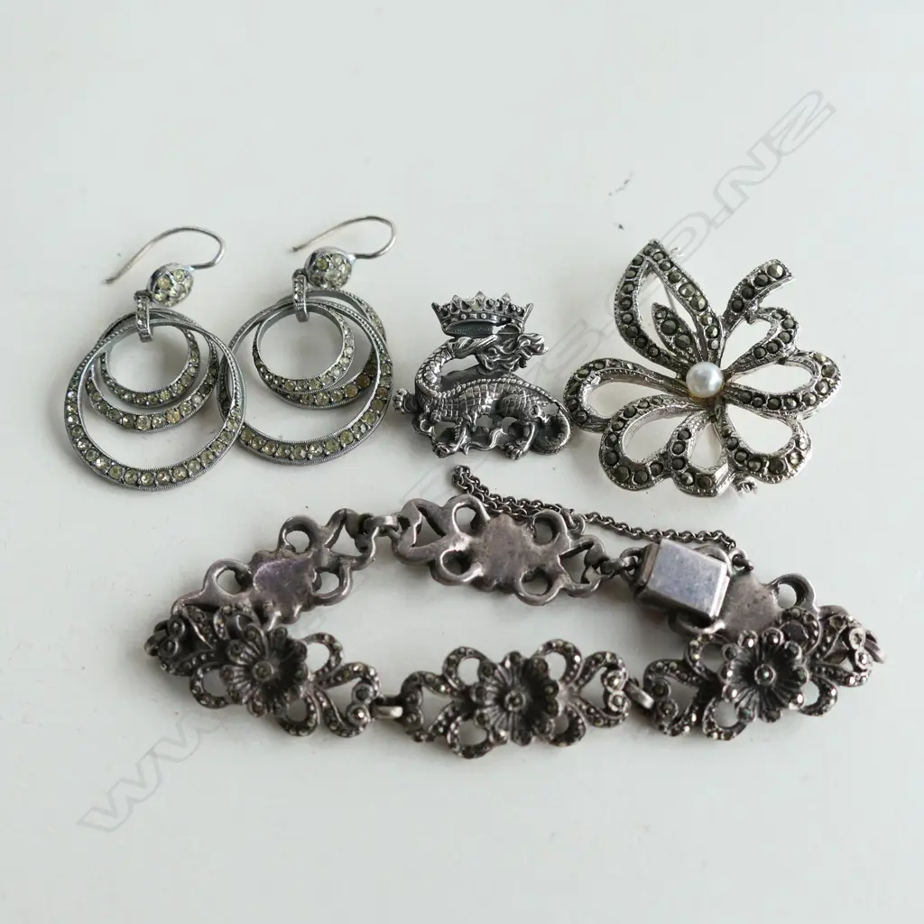 STG SILVER & MARCASITE BRACELET & DROP EARRINGS + SILVER TONE & MARCASITE BROOCH & DRAGON PIN BROOCH Image 1++