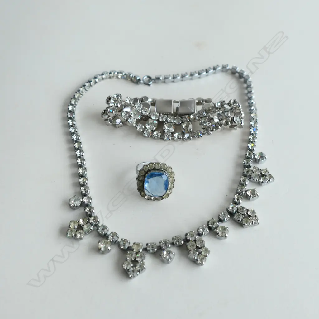 CRYSTAL DOUBLE STRAND BRACELET, NECKLACE & BLUE GLASS & DIAMANTE RING Image 1++