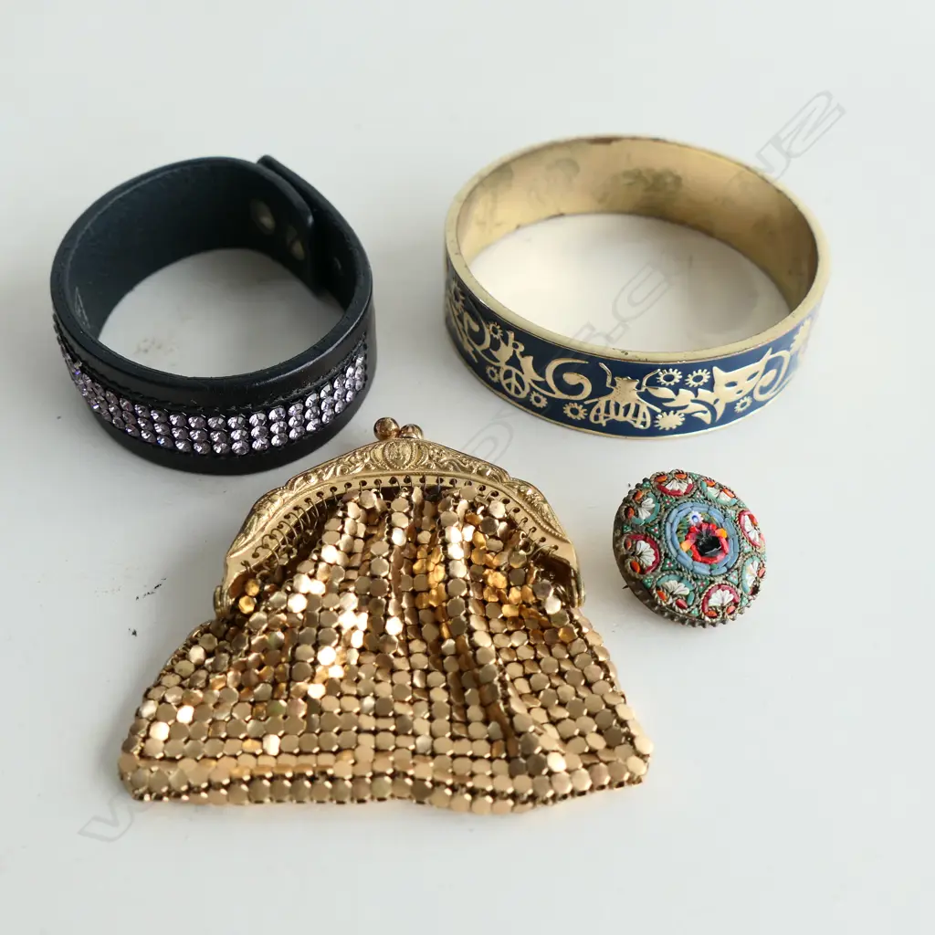 ELENA MEYER BLACK LEATHER & PINK DIAMANTE BRACELET, BLUE & GOLD ENAMELLED BANGLE, SM GLOMESH PURSE & MOSAIC BUTTON  Image 1++