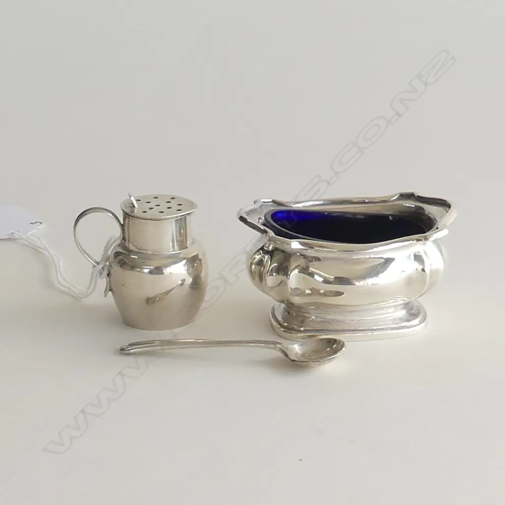 SILVER BLUE GLSS LINED SALT W SPOON & SILVER ALE JUG PEPPERETTE Chester 1905  Image 1++