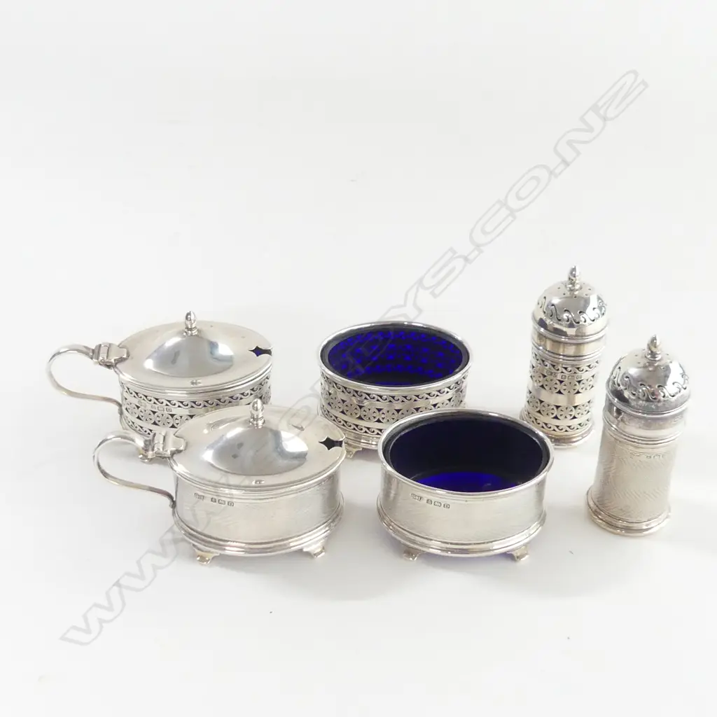 2x 3pce STG SILVER CONDIMENT SETS BLUE GLASS LINERS both Birm.1928 Image 1++
