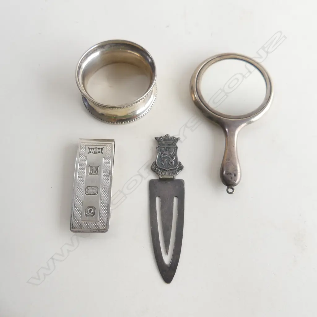 STG SILVER; 2 MONEY CLIPS, NAPKIN RING & MINIATURE HAND MIRROR (L90MM)  55.71GMS Image 1++