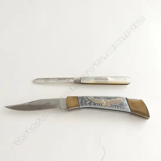 2 VINTAGE POCKET KNIVES; 1 STG & MOP & 1 WITH EAGLE & BRASS
