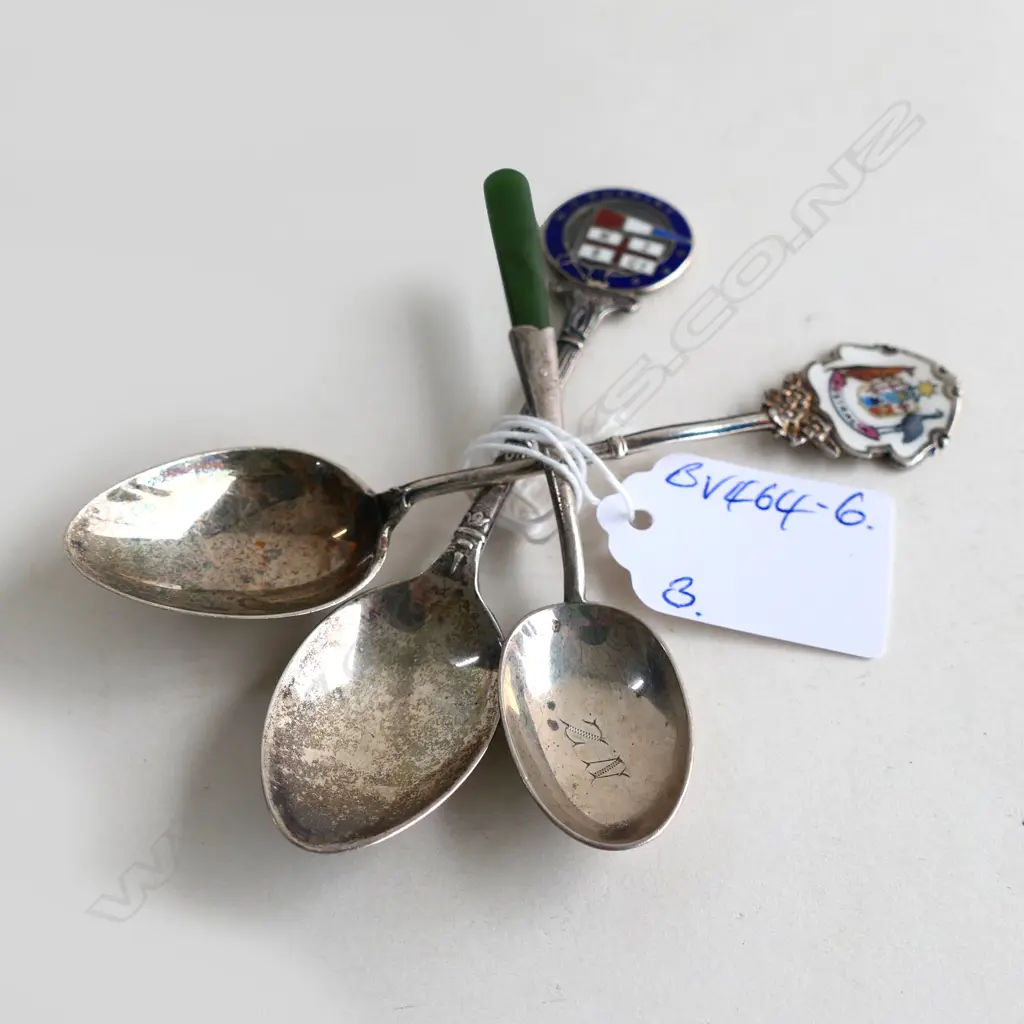 3 SILVER TEASPOONS: 1 W POUNAMU HANDLE + 2 SOUVERNIER  M.V. RUAHINE ETC Image 1++