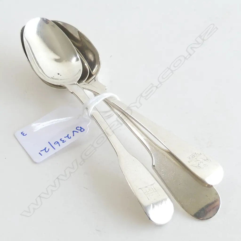 3 GEO S/S TEASPOONS MIXED MARKS 63GRAMS Image 1++