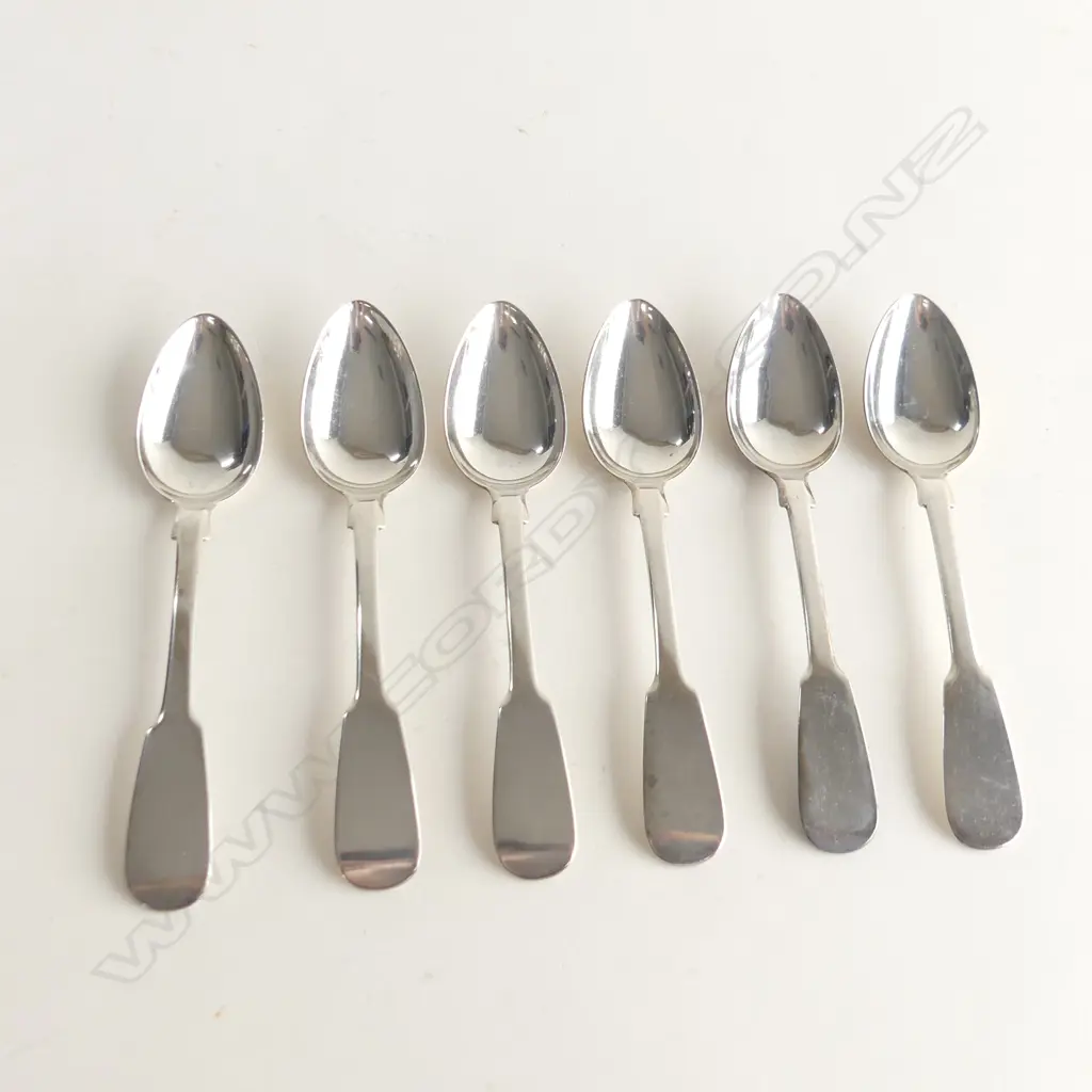 SET 6 STG SILVER FIDDLE PATTERN TEASPOONS, 118GMS, WORN HALLMARK Image 1++
