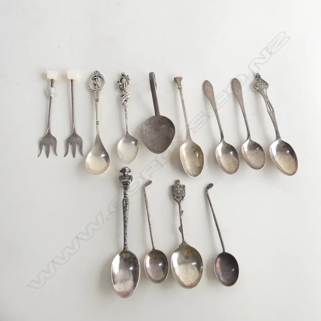 10 STG SILVER SM SPOONS; COFFEE, SUGAR ETC & 2 PICKLE FORKS;  APPROX 122gms  ALL C1898-1935 HALLMARKS Image 1++