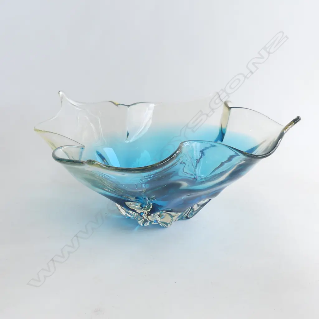 1960'S/'70'S JAPANESE GLASS BLUE & CLEAR FRILLED ART GLASS BOWL Dia.320mm Image 1++