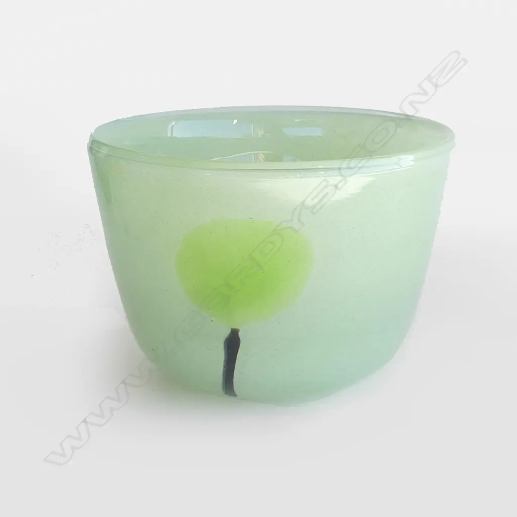 HENRY DEAN OF BELGIUM HEAVY GREEN ART GLASS BOWL OR VASE, ARTIST SIGNED. DIA 210MM Image 1++