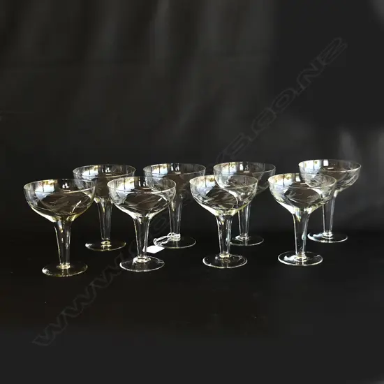 8 CRYSTAL HOLLOW STEMMED CHAMPAGNE GLASSES, ETCHED DESIGN