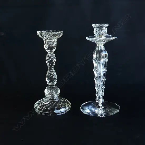 2 CLEAR GLASS CANDLESTICKS 1 WRTHEN THE OTHER W SCALLOP CUTS Tallest 225mm