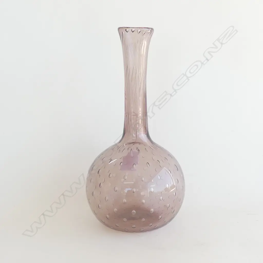 MURANO PURPLE ART GLASS BUBBLE VASE WITH GROUND PONTIL, ORIGINAL LABEL. H. 240MM Image 1++