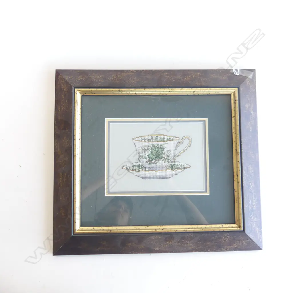 FRAMED TAPESTRY 'IVY TEACUP' BY JANICE OSBALDISTON 2001 200 X 150MM SOLD WITH BT210 25 Image 1++