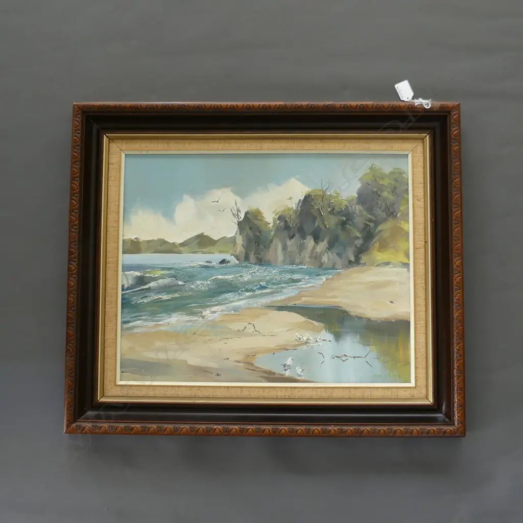 OIL COASTAL SIMPSONS BEACH SIGNED INDERSTINTLY 650BY540MM Image 1++