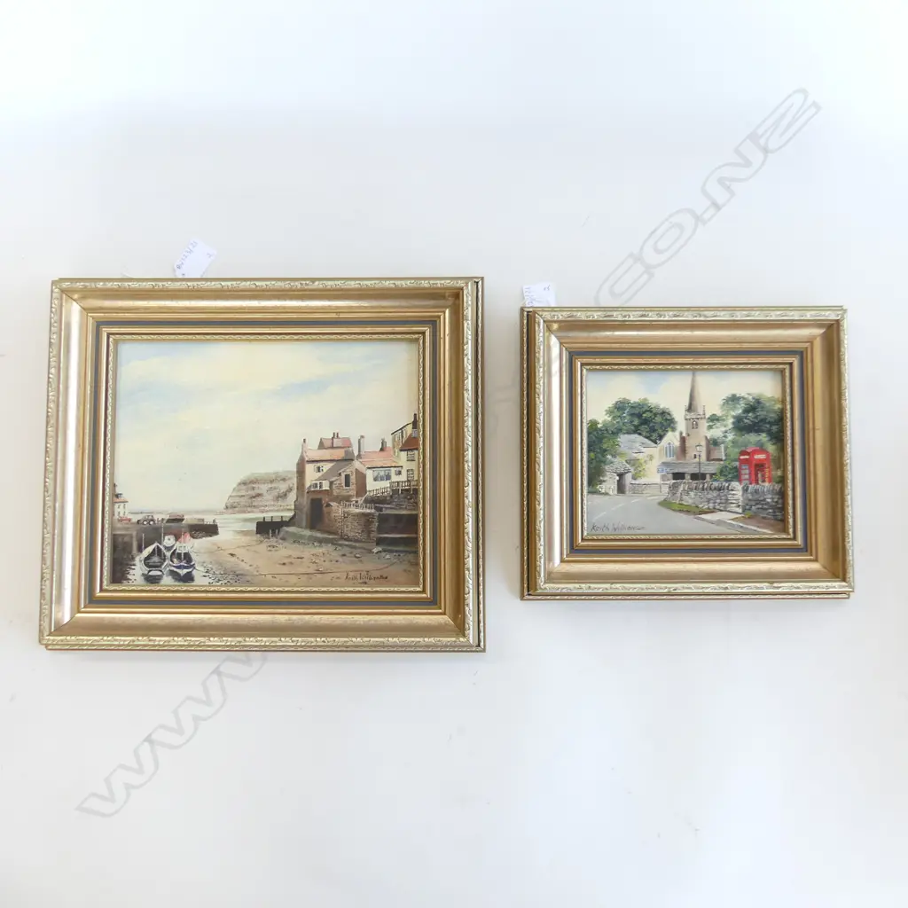 2 ENGLISH OILS BY KEITH WILLIAMSON SEASIDE TOWN 190x240mm & LEDSHAM VILLAGE YORKSHIRE 1992  Image 1++