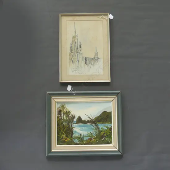 OIL ON BOARD SOUTH ISLAND WEST COAST BY HOLA BAILEY490 BY 400 & W/C DUNEDIN CHURCH BY J BENSON 450 BY330MM