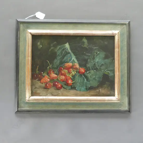 SEBASTIAN GESSA Y ARIAS (SPANISH, 1840 - 1920) STRAWBERRY STILL LIFE OIL 225x305mm