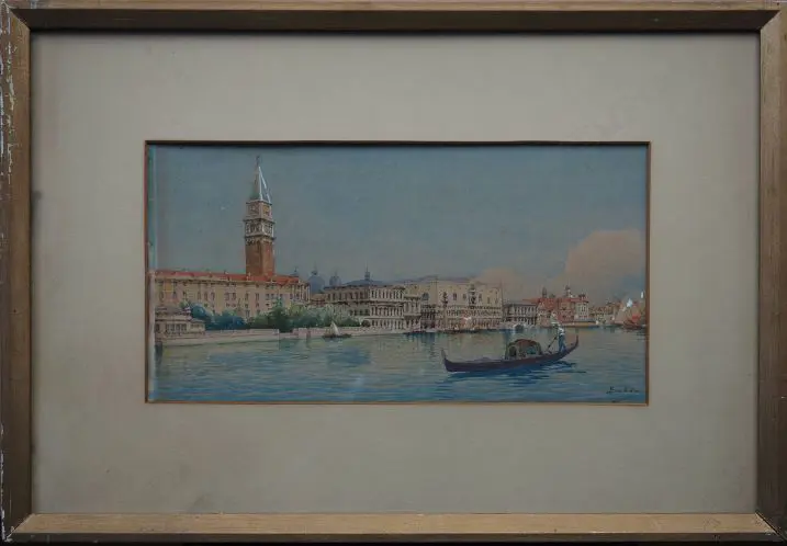 BALDI (Italy), Venice with Gondola, W/C, signed, 180mm x 340mm glass broken Image 1++