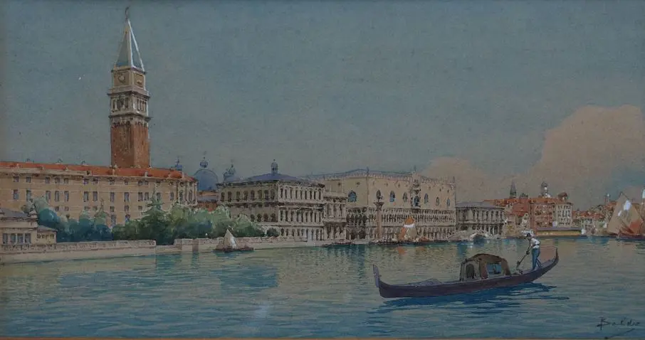 BALDI (Italy), Venice with Gondola, W/C, signed, 180mm x 340mm glass broken Image 1++