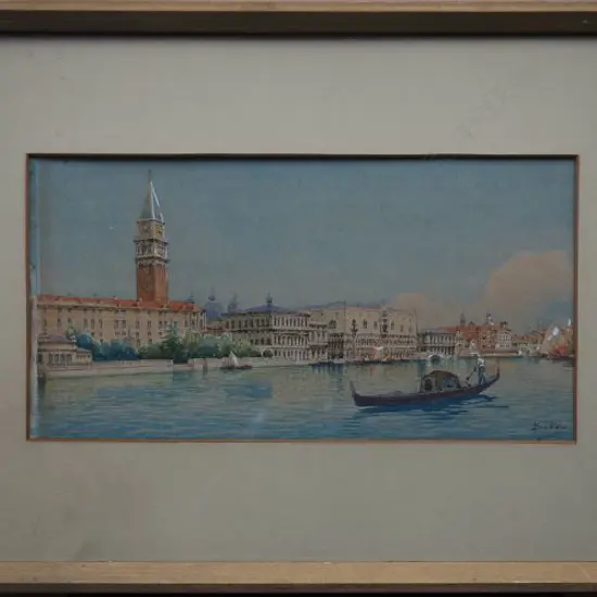 BALDI (Italy), Venice with Gondola, W/C, signed, 180mm x 340mm glass broken