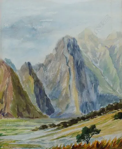 MALCOLM, Win (NZ), Mitre Peak, South Island, W/C, signed, 330mm x 270mm Image 1++