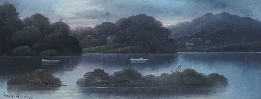YOUNG, Charles (NZ Late 19thC), Moonlight on Shoal Bay Auckl Harbour (1923)W/C on card, signed,140mm x 350mm Image 1++