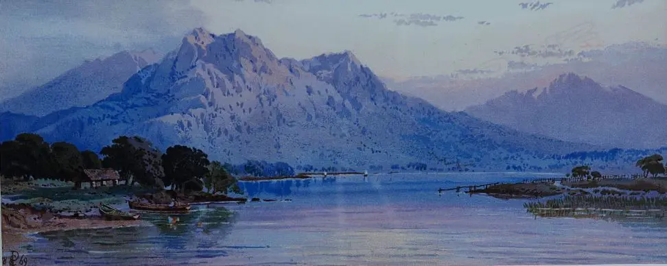 UNKNOWN  (Italy) Italian Lake scene, W/C, monogrammed & dated 1869, 130mm x 320mm Image 1++