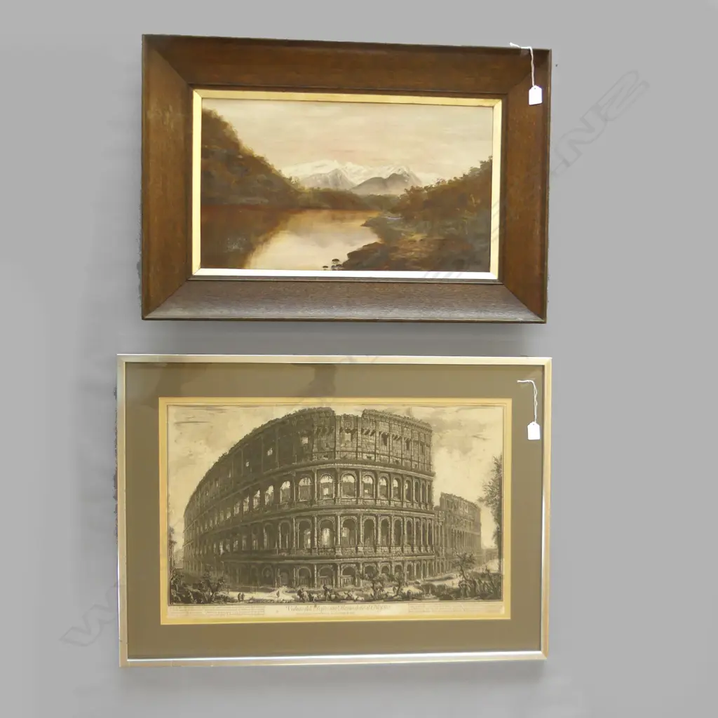 VINTAGE OIL ON CANVAS (A/F) OAK FRAME (600 X 340MM) + OLD B&W COLLOSEUM PRINT (700 X 430MM) Image 1++