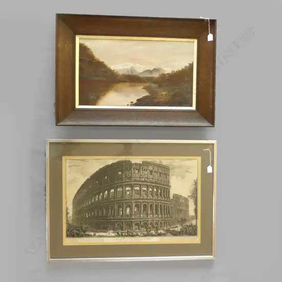 VINTAGE OIL ON CANVAS (A/F) OAK FRAME (600 X 340MM) + OLD B&W COLLOSEUM PRINT (700 X 430MM)