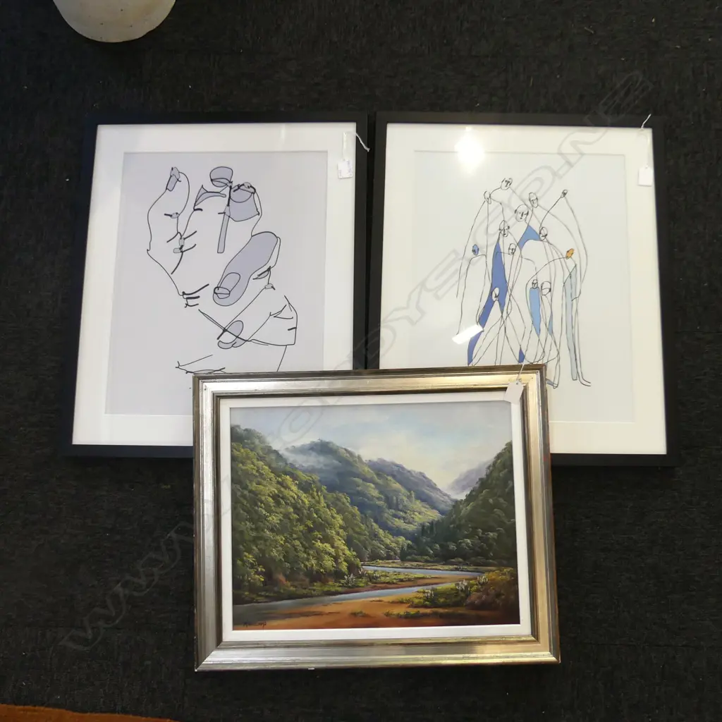 3 ARTWORKS; 2 ABSTRACT PRINTS 450x350mm + MAY WILLIAMS 'KEREU RIVER' OIL Image 1++