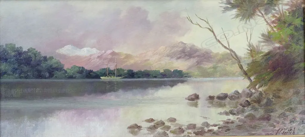 VEITCH, John Charles (NZ 1853-1959), Dusky Sound, Oil on board, signed, 250mm x 550mm Image 1++